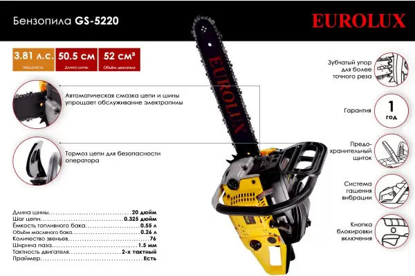 фото Бензопила EUROLUX GS-5220 2400Вт